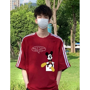 抖音得物高品质二开240克宽松纯棉美式潮牌三条杠织带短袖T恤图片