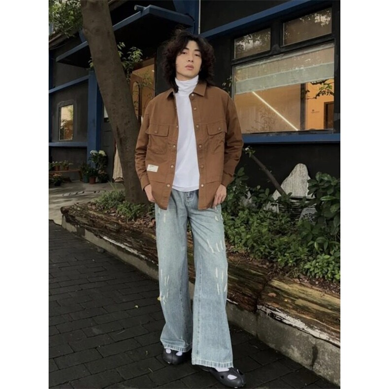 美式做旧磨破牛仔裤男春秋季宽松休闲百搭小众痞帅水洗阔腿直筒裤,男装牛仔裤,星座506A