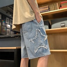 8XL-M特大码夏季美式高街五角星牛仔短裤港风宽松五分裤DK1513P40，男装休闲裤，电商D206-1