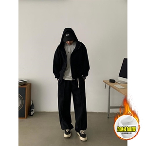 480G重磅加绒硬挺boxy 男女秋冬美式高街防风高领卫衣开衫厚外套图片