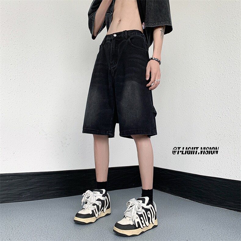 B221美式ins高街设计感拉链直通五分牛仔裤LK23082-P50控68,男装牛仔裤,电商B221