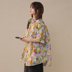 清凉大码宽松中性情侣碎花休闲短袖衬衫225-2-CS802-P38 控49图片
