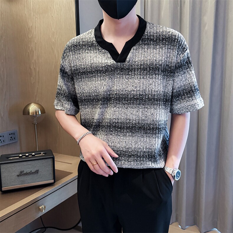 夏打底衫纯色针织条纹圆领T恤短袖社会小伙A236-82567-特P40,男装T恤,电商A236