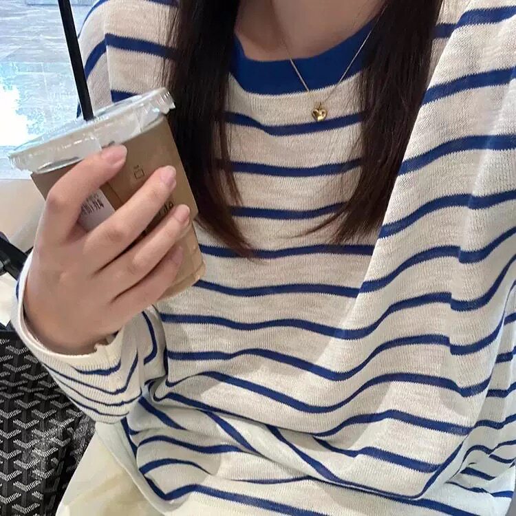 条纹长袖针织衫女宽松休闲百搭上衣,针织衫/毛衣,伟祺羊绒