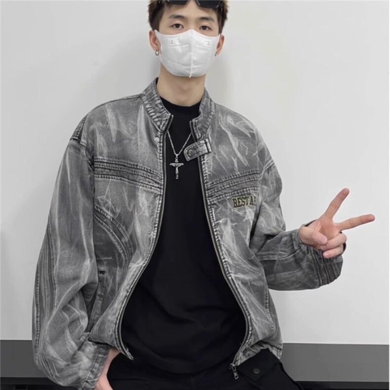 美式复古水洗扎染牛仔外套男秋季高街潮牌痞帅喷漆设计感机车夹克，男装工装外套，星座1210-1