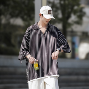2023夏装假两件条纹冰丝短袖衬衫男宽松衬衣 C501P45图片