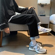 翻边格子休闲裤子男韩版潮流新款港风ins直筒宽松九分裤K065-p28，男装休闲裤，星座1008