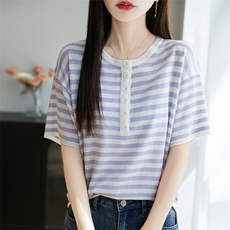 桑蚕丝羊毛条纹针织短袖T恤女夏季圆领拼色纽扣上衣宽松半袖打底，女装针织衫/毛衣，唐诺