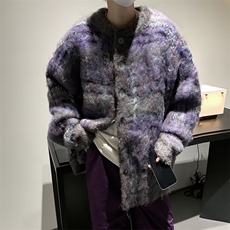 秋冬美式复古撞色针织衫男慵懒风宽松情侣条纹开衫毛衣外套，男装针织衫/毛衣，星座716-4