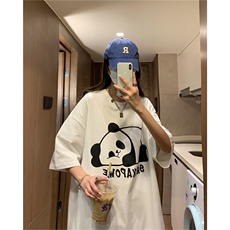 中性风230G卡通熊猫短袖男女学生夏季T恤2024新款港风ins，男装T恤，电商C306-1