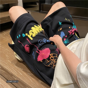 ins潮流发泡卡通印花休闲短裤宽松五分裤B315-K23325-p45控58图片