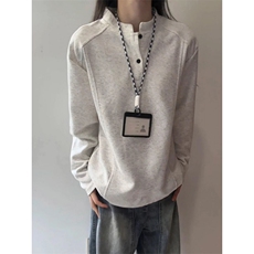 【270G曼巴棉】亨利领长袖T恤拼接boxy版型卫衣打底衫W196P48网图，女装T恤，电商B245