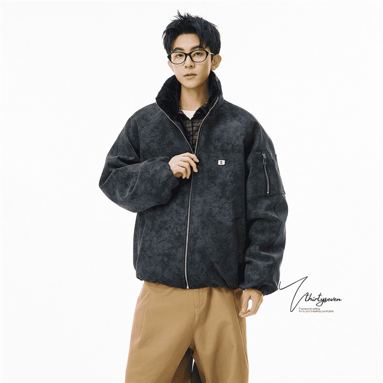 网图【一只幸福】美式高街vintage灰色保暖棉服工装PU皮P100,男装棉衣,星座1904A