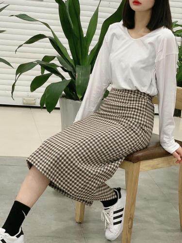 后门开叉松紧格子百搭格子裙，女装，昕叶良品