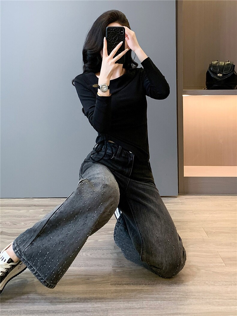 女春新款时尚减龄套装修身纯欲不规则斜肩领口上衣牛仔长裤两件套,女装套装/套裙,江南