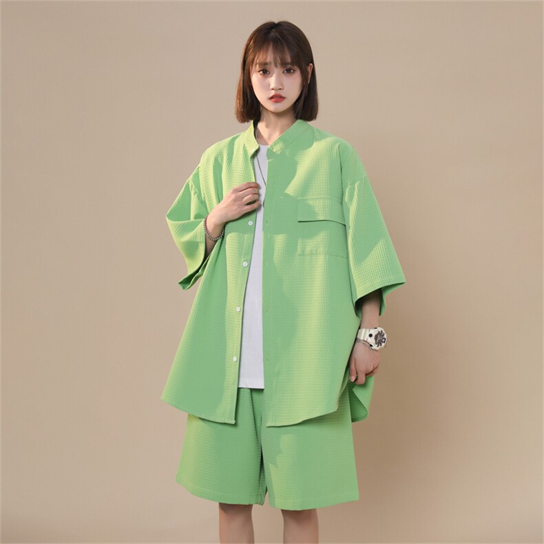 TZ85960/P60夏季短袖立领套装男五分袖衬衣潮短裤男大码两件套，女装运动套装，电商A141