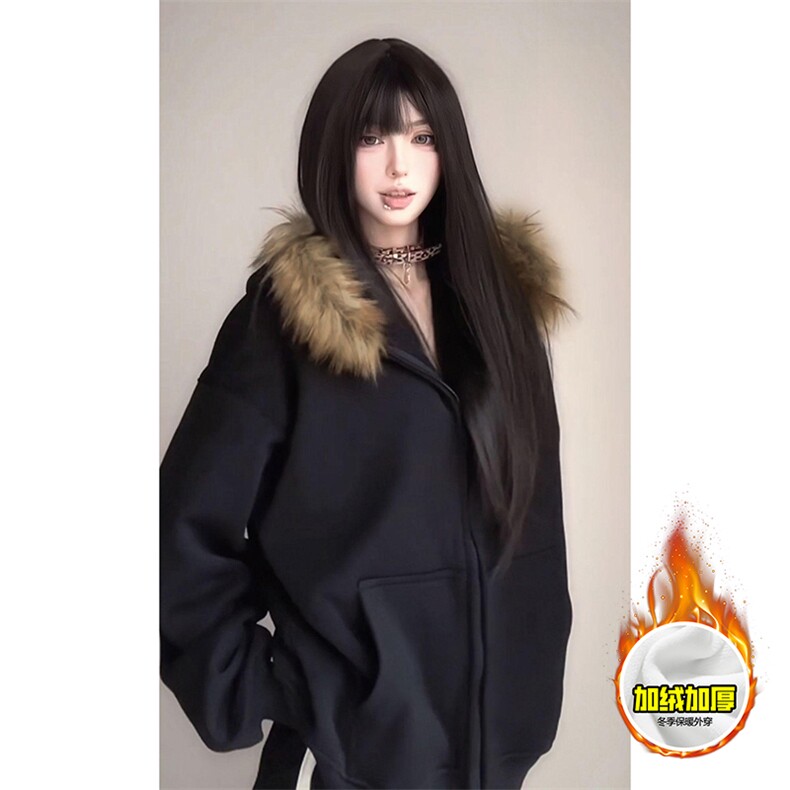 480G重磅加绒硬挺boxy秋冬美式高街超大毛领座山雕连帽卫衣厚外套，女装短外套，电商A486-1
