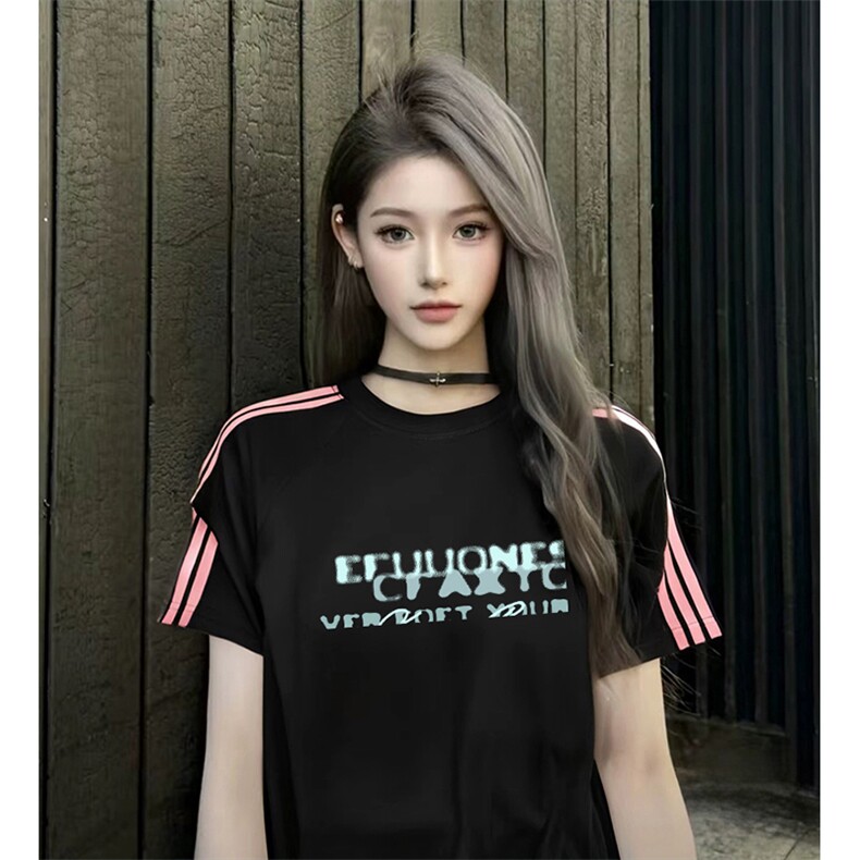 抖音得物品质二开240克宽松纯棉美式潮牌印花三条杠中性风短袖T恤,男装T恤,电商A486-1