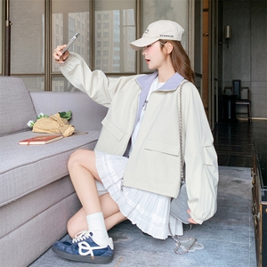 学院风两面穿翻领外套女2025春季新款韩系格子拼接小个子百搭夹克图片
