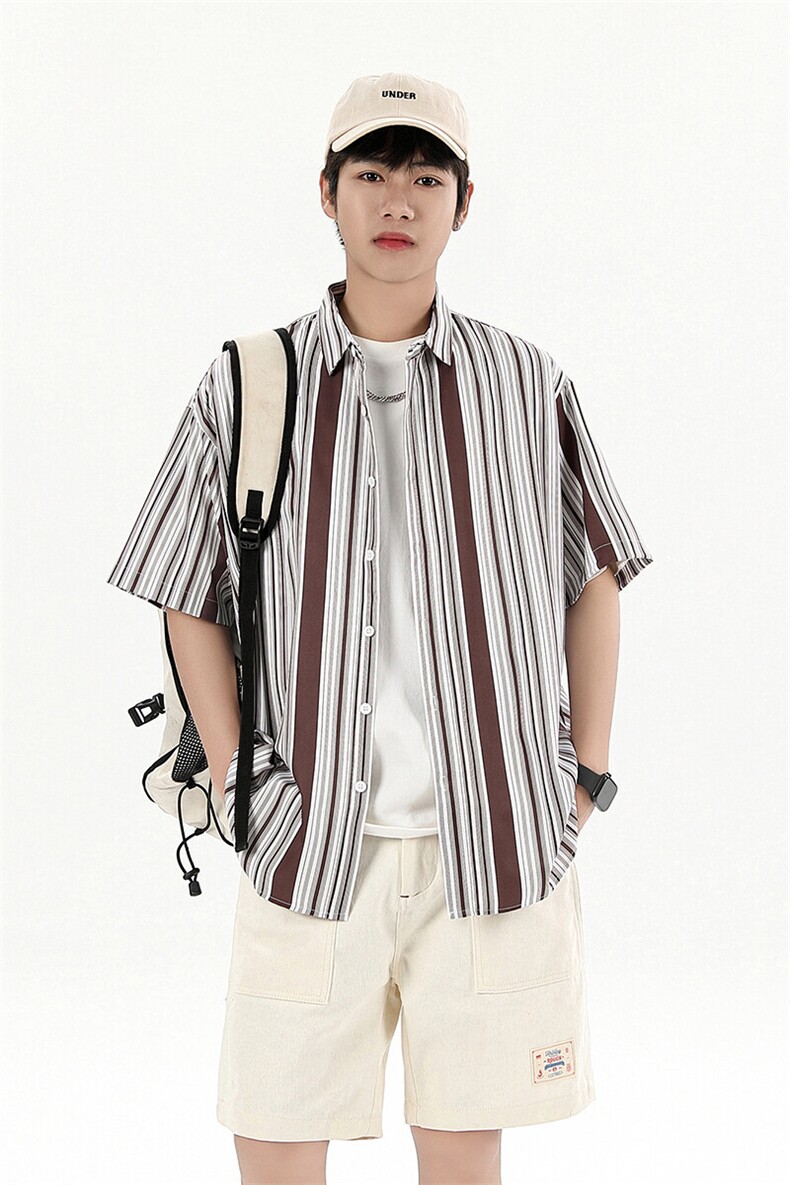 花衬衫男短袖夏季条纹休闲上衣服外套翻领大码衬衣A012/863P35,男装衬衫,电商A012