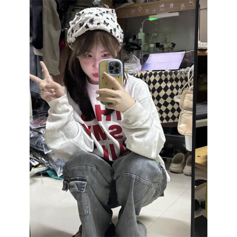 Q0212-P45美式字母印花长袖上衣花灰色高级感圆领卫衣,男装卫衣,星座617A-2