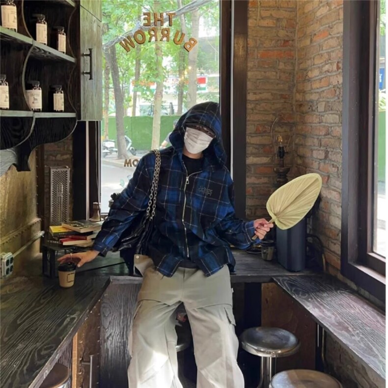 C300-P53美式复古格子连帽长袖磨毛衬衫女宽松显瘦高街重磅衬衣,男装衬衫,电商B323A