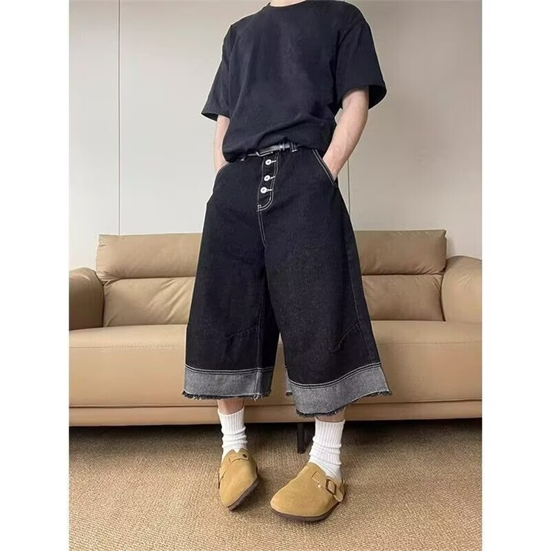 美式复古设计感牛仔短裤男女夏季潮流宽松阔腿七分裤A6619-P42,男装牛仔裤,星座208-5