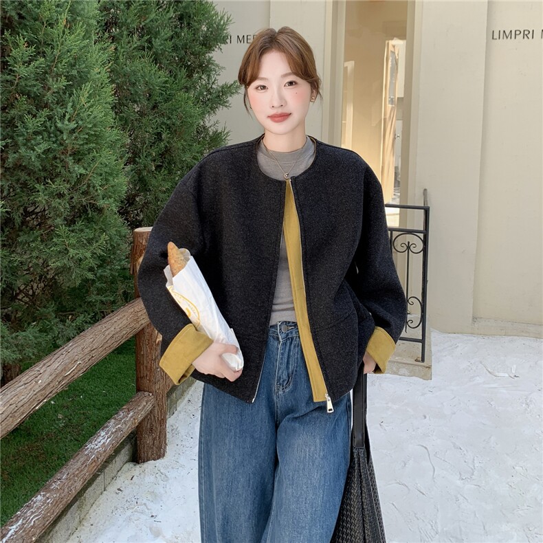 轻熟风撞色拼接毛呢外套女秋冬新款小个子加厚高级感气质呢大衣,女装毛呢外套,2C090