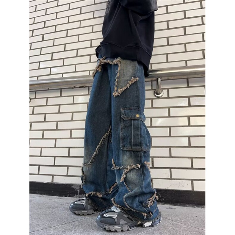 美式复古阔腿工装牛仔裤男女小众设计感直筒宽松拖地裤DN814-p62,男装牛仔裤,星座1008