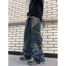 美式复古阔腿工装牛仔裤男女小众设计感直筒宽松拖地裤DN814-p62，男装牛仔裤，星座1008