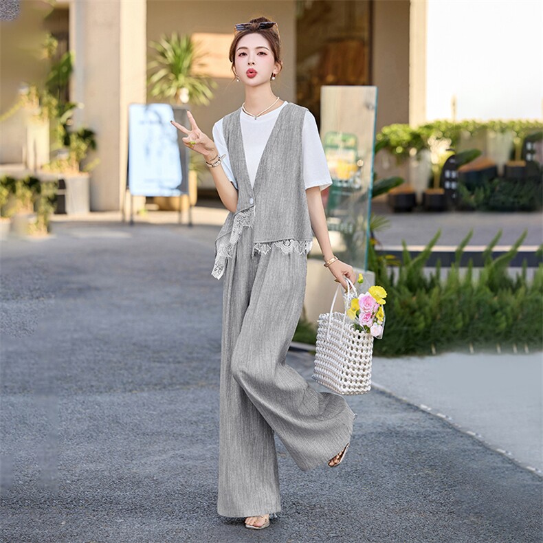 高级设计感亚麻套装女2025夏季新款大气贵夫人时尚薄款马甲三件套,女装套装/套裙,尚娜萱
