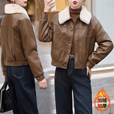 现货海宁f仿真皮皮衣女加绒加厚短款2024冬季新款女士宽松皮外套，女装皮衣，潮流依族
