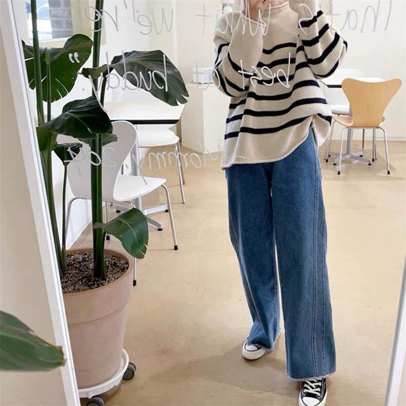 时尚百搭条纹宽松针织衫简约休闲显瘦毛衣,针织衫/毛衣,圣旺供货