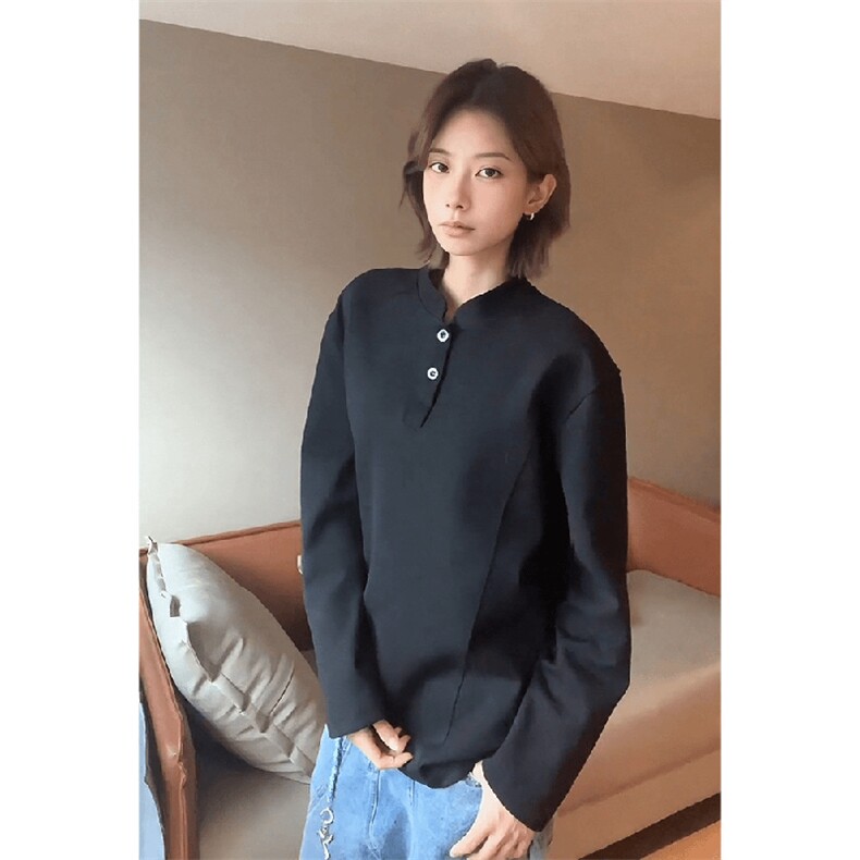 抖音得物品质美式高街重磅曼巴棉拼接cleanfit亨利领卫衣长袖T恤,男装T恤,电商A486-1