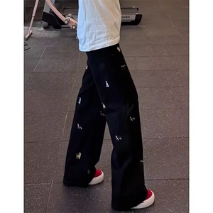 简约气质慵懒流行新款复古蓝趣味小狗刺绣牛仔裤男美式潮流图片