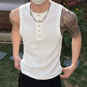 美式休闲 经典亨利领夏季新款外贸男女运动休闲无袖汗衫全棉背心图片