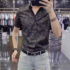 欧货2025夏季新款高端潮牌男士免烫短袖衬衫休闲碎花青年印花衬衣，男装衬衫，电商B212（原钱塘6029）