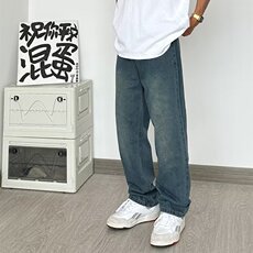 美式复古深蓝色牛仔裤男女穿搭高级感裤子宽松直筒oversize阔腿裤，男装牛仔裤，星座601-2