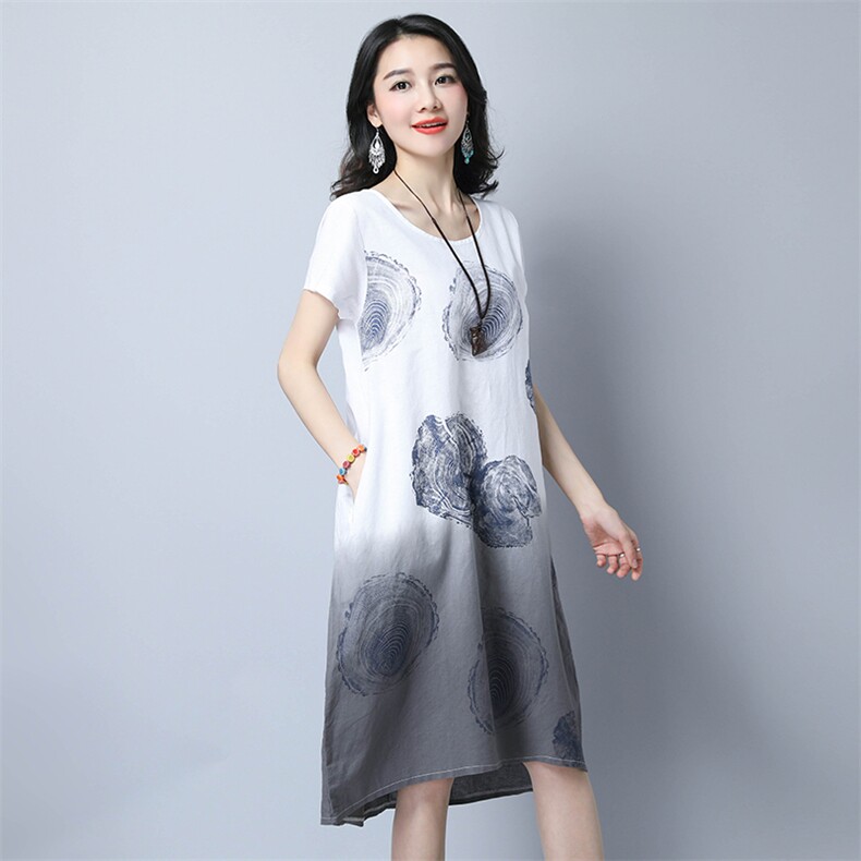 A字裙2021年夏季短袖中长款印花口袋A型宽松腰套头圆领抽象图案麻连衣裙，女装连衣裙，独衣靓
