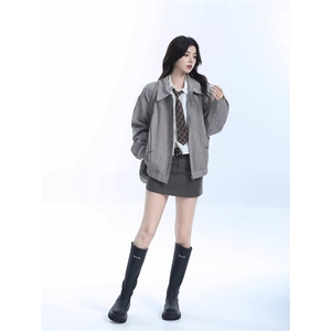 潮美式高级灰色褶皱夹克女cleanfit秋季复古设计感小众宽松外套图片