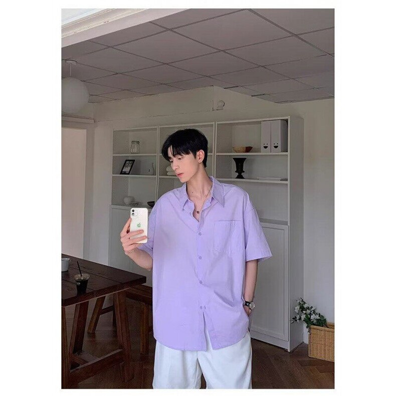 Q100/P40复古衬衫男夏装港风学生宽松纯色短袖衬衣男装上衣,男装衬衫,星座1506