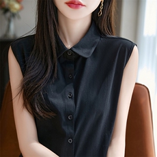100%纯棉无袖背心开衫女夏季POLO领纯色内搭上衣全棉宽松西装打底，女装T恤，臻维羊绒
