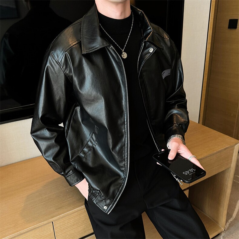 春季男士夹克贴标皮衣宽松个性PU皮外套机车潮流A266-PY006-P80，男装皮衣，电商A266