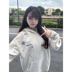 秋冬新款宽松百搭雪花刺绣设计情侣连帽加绒卫衣WY048-P47图片