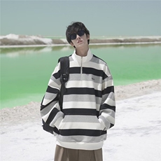 PLTH*半拉链立领卫衣美式复古潮牌条纹宽松情侣秋装长袖休闲外套，女装短外套，星座813-2