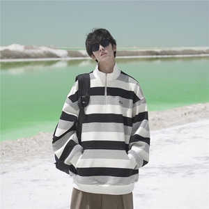 PLTH*半拉链立领卫衣美式复古潮牌条纹宽松情侣秋装长袖休闲外套图片