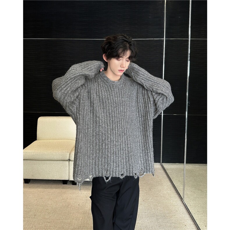 B426P50秋冬季破洞短款套头厚毛衣男女同款高级感潮牌宽松针织衫，男装针织衫/毛衣，星座512-6