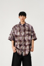 夏季新款2025美式扎染格子衬衫七分袖男百搭上衣-A2012TP45控78，男装衬衫，电商B241