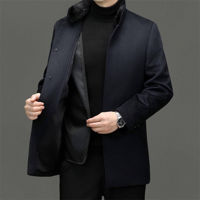 2025中老年可拆皮毛内胆羊毛山羊绒大衣男士中年绵羊毛外套，男装毛呢大衣，钱塘723