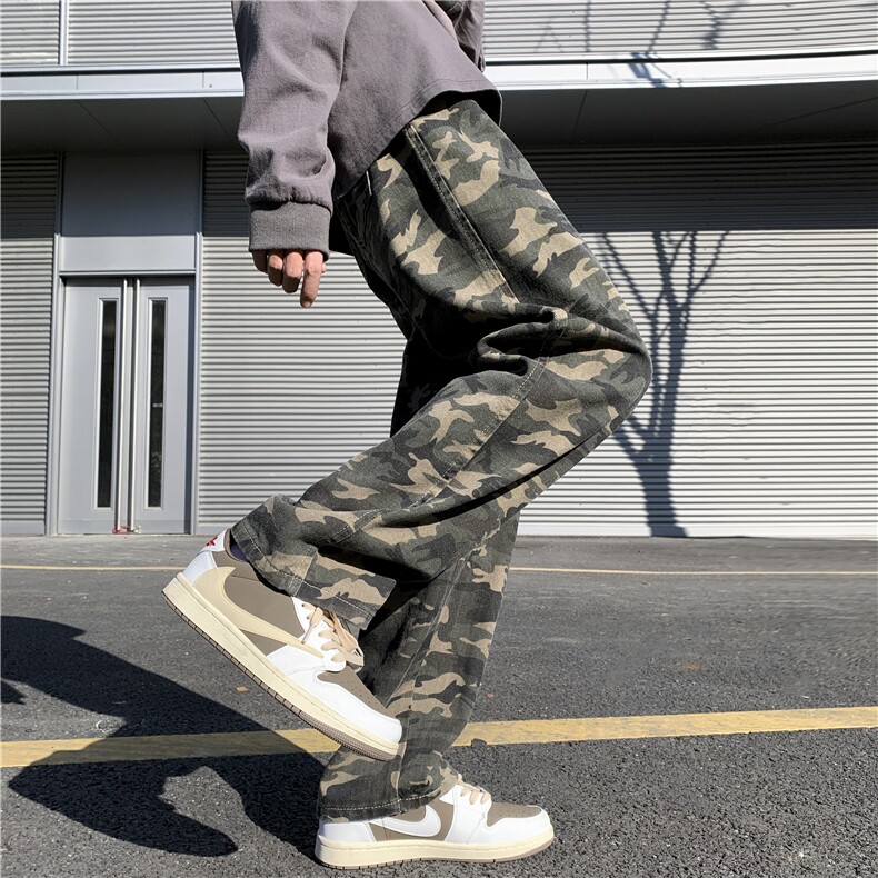 D321NK918P55春夏美式迷彩牛仔裤男vibe潮牌宽松直筒长裤子，男装牛仔裤，电商D321